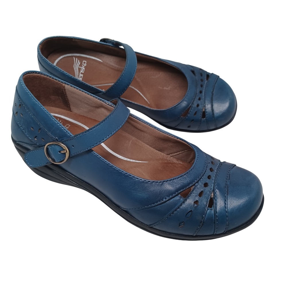 Dansko Womens Mary Jane Navy Blue Leather Perforated Buckle Wedge Shoes US 6 36